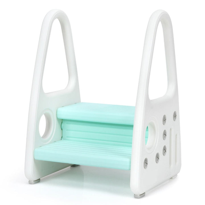 Blue option two-step stool with pale aqua treads and white side handles