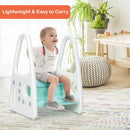 Child seated on the upper step of the Blue option, with feet resting on the lower step