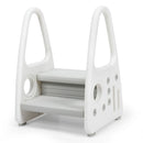 Grey two-step stool with white side panels and tall hand openings