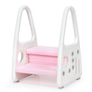Pink two-step stool with white side panels and tall hand openings