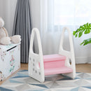 Pink step stool viewed from the front in a room setting