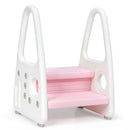 Pink step stool viewed from the opposite front corner, showing the side fasteners