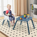 Blue convertible high chair, child chair and table setting