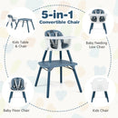 Blue convertible high chair, high, low and table-and-chair configurations