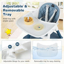 Blue convertible high chair, two-position removable tray