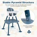 Blue convertible high chair, chair-to-table fittings and leg structure
