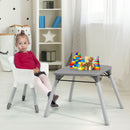 Grey convertible high chair, child chair and table setting
