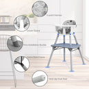 Grey convertible high chair, harness, crotch barrier and attachment fittings