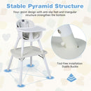 White convertible high chair, chair-to-table fittings and leg structure