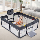 Grey mesh playpen with an adult supervising awake floor play