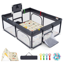Grey 185 × 155 cm baby playpen with illustrated mat, hoop, two soccer goals, rings, balls and storage bag