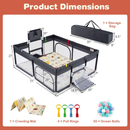 Grey playpen dimensions and included accessories; written metric specifications shown below