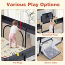 Basketball hoop, soccer goal and pull-ring details on the grey playpen
