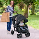 Black tandem double stroller, outdoor use of the front and rear seats