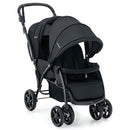 Black tandem double stroller, front product view with both seats and canopies