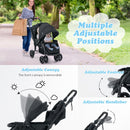 Black tandem double stroller, adjustable canopies, footrests and handlebar