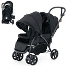 Black tandem double stroller, assembled and folded product views