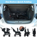 Black tandem double stroller, folding sequence and folded storage
