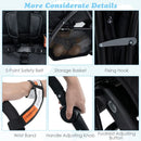 Black tandem double stroller, harness, storage basket and adjustment details