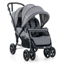 Grey tandem double stroller, front product view with both seats and canopies