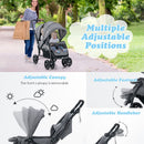 Grey tandem double stroller, adjustable canopies, footrests and handlebar