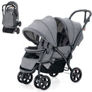 Grey tandem double stroller, assembled and folded product views
