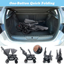 Grey tandem double stroller, folding sequence and folded storage