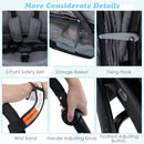 Grey tandem double stroller, harness, storage basket and adjustment details