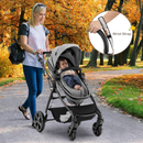 Grey reversible stroller, stroller in use and wrist tether