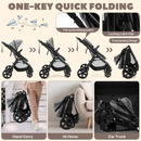 Grey reversible stroller, folding sequence and storage lock