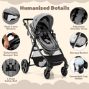 Grey reversible stroller, harness, storage basket, canopy window and cup holder