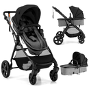 Black reversible stroller, whole stroller and detachable seat views