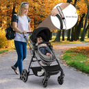 Black reversible stroller, stroller in use and wrist tether