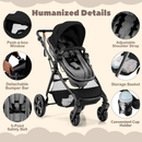 Black reversible stroller, harness, storage basket, canopy window and cup holder