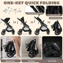 Black reversible stroller, folding sequence and storage lock