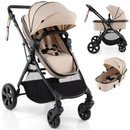 Beige reversible stroller, whole stroller and detachable seat views