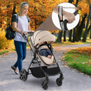 Beige reversible stroller, stroller in use and wrist tether