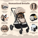 Beige reversible stroller, harness, storage basket, canopy window and cup holder