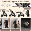 Beige reversible stroller, folding sequence and storage lock