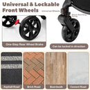 Black reversible stroller, front swivel locks and rear foot brake