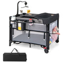 Black folding baby playpen, complete unit and carry bag