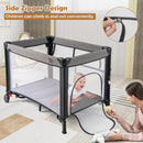 Black folding baby playpen, mesh playpen sides and zip opening