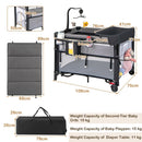 Black folding baby playpen, dimensions and separate upper-tier, playpen and changer limits
