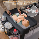 Black folding baby playpen, removable changer and restraint buckle