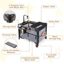 Black folding baby playpen, storage, wheels, removable pad and accessories