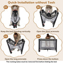 Black folding baby playpen, setup sequence and remove-rocking-tubes caution