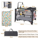 Grey folding baby playpen, dimensions and separate upper-tier, playpen and changer limits