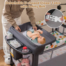 Grey folding baby playpen, removable changer and restraint buckle