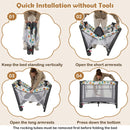Grey folding baby playpen, setup sequence and remove-rocking-tubes caution