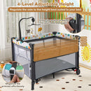 Grey folding baby playpen, four adjustable side-rail heights